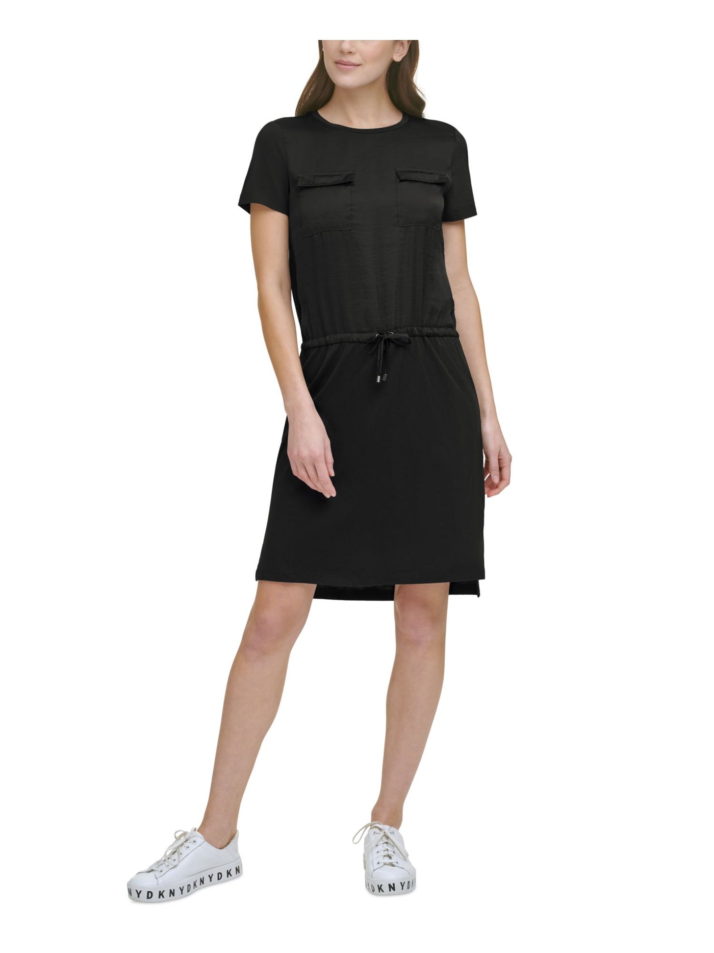 DKNY Womens Slitted Pocketed Drawstring Short Sleeve Crew Neck Above The Knee Shift Dress