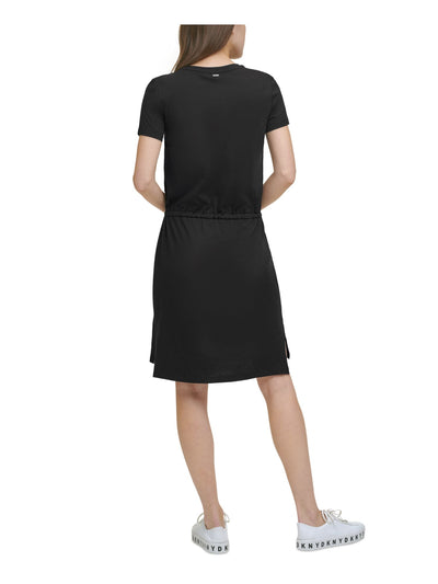 DKNY Womens Slitted Pocketed Drawstring Short Sleeve Crew Neck Above The Knee Shift Dress