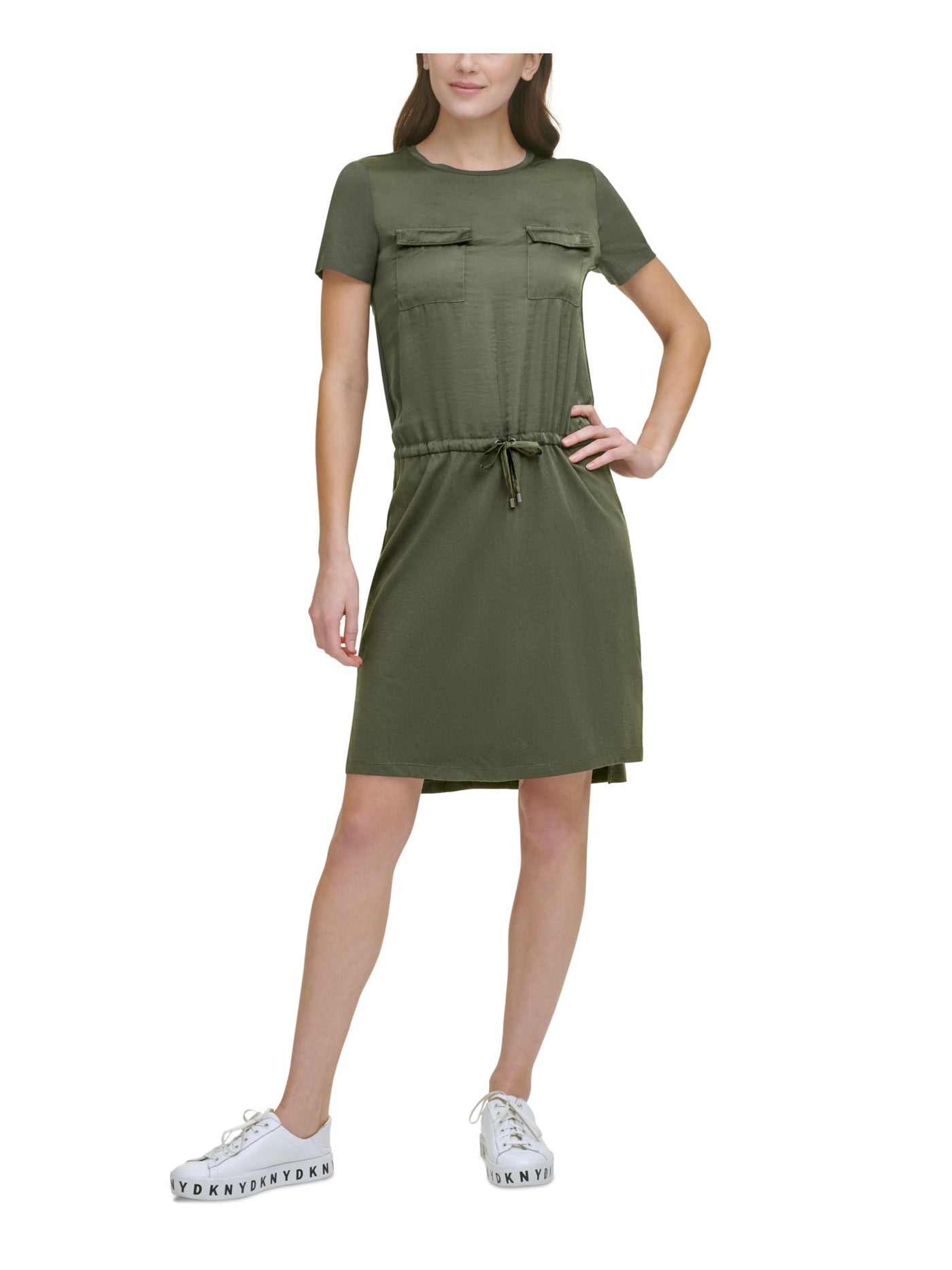 DKNY Womens Green Slitted Pocketed Drawstring Short Sleeve Crew Neck Above The Knee Shift Dress S