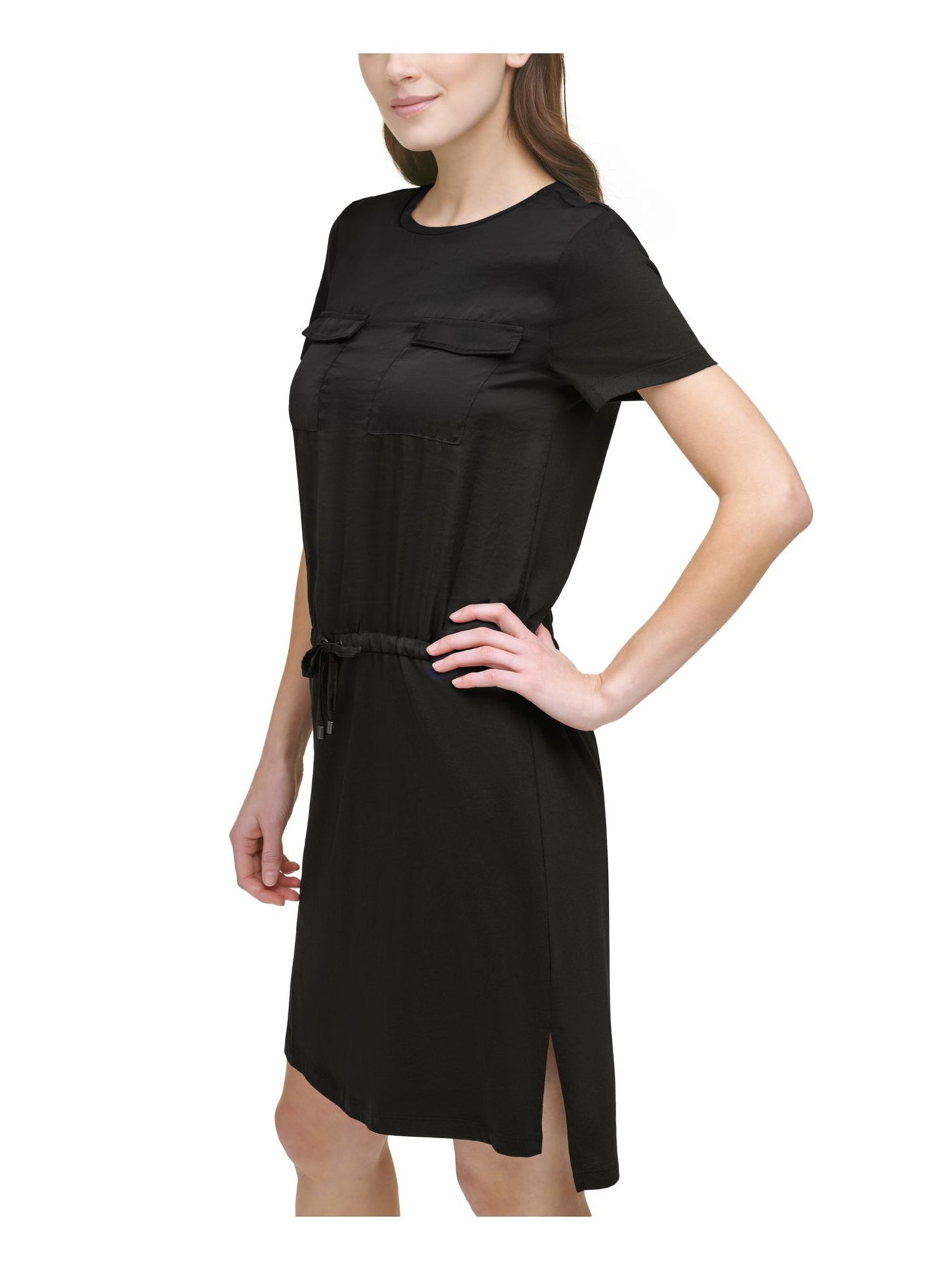 DKNY Womens Slitted Pocketed Drawstring Short Sleeve Crew Neck Above The Knee Shift Dress