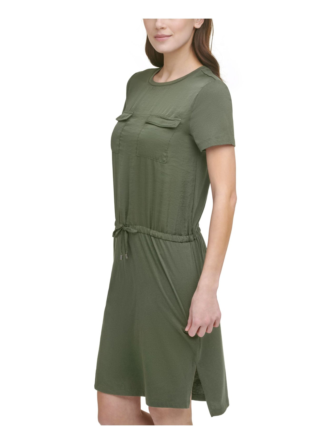 DKNY Womens Green Pocketed Slitted Drawstring T-shirt Style Short Sleeve Crew Neck Above The Knee Wear To Work Shirt Dress XS