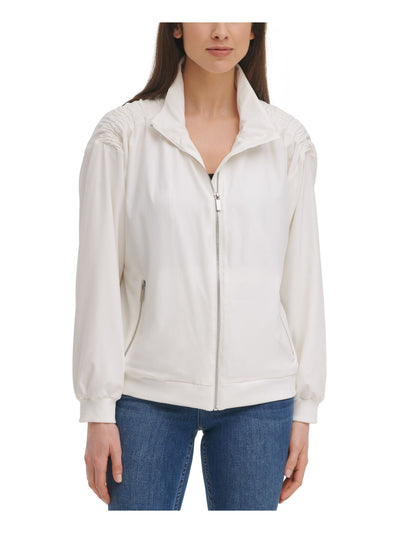 CALVIN KLEIN Womens White Stretch Pocketed Shirred Lightweight Zip Up Jacket XL