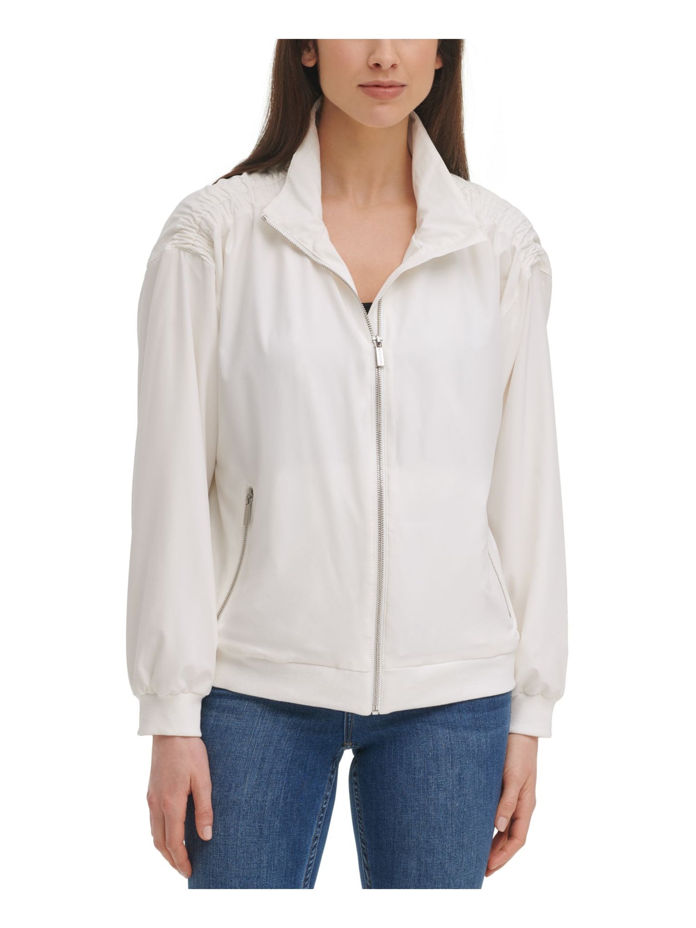 CALVIN KLEIN Womens White Stretch Pocketed Shirred Lightweight Zip Up Jacket L