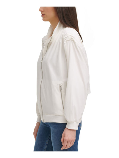 CALVIN KLEIN Womens Ivory Stretch Pocketed Shirred Lightweight Zip Up Jacket XL