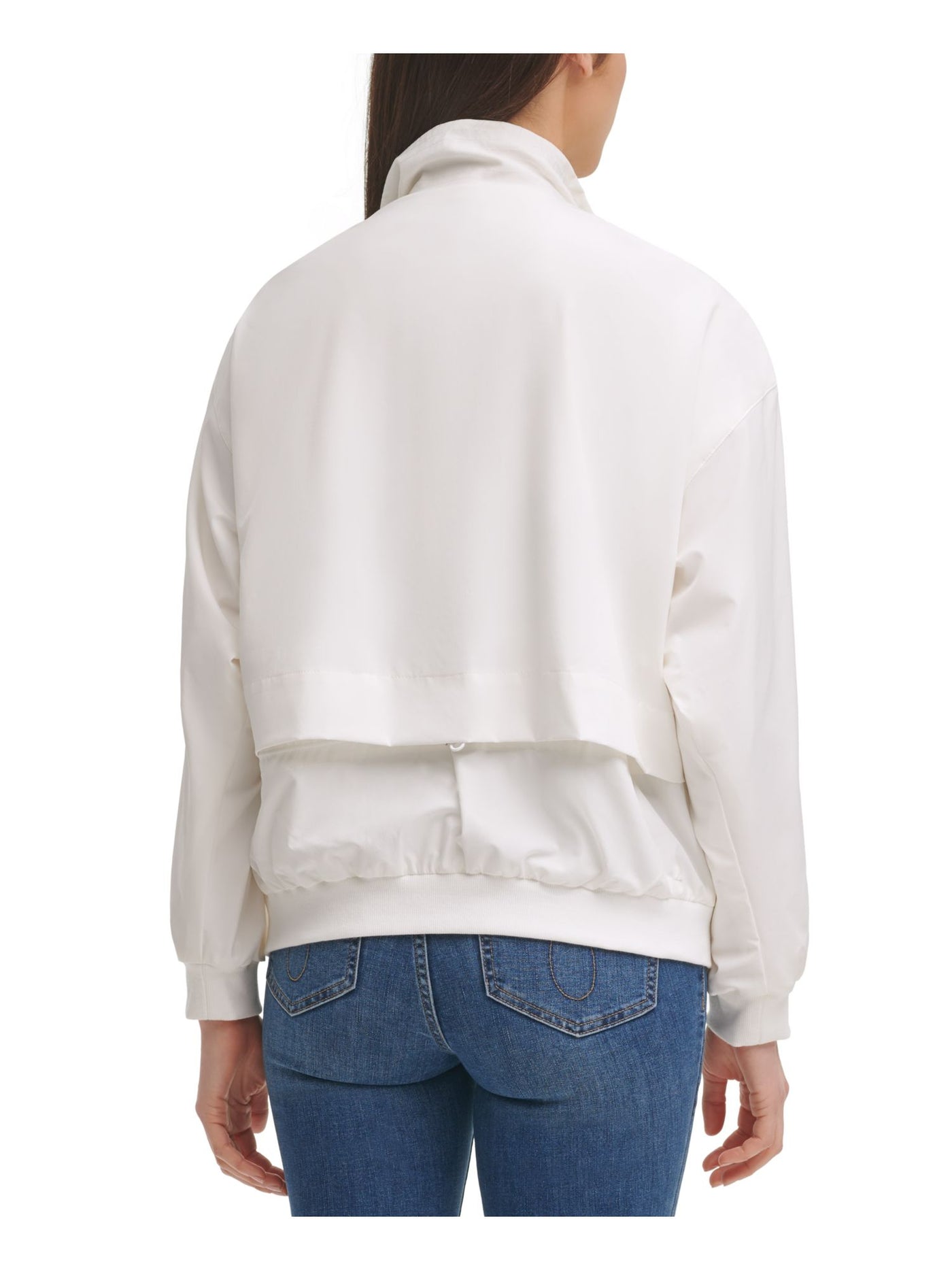 CALVIN KLEIN Womens White Stretch Pocketed Shirred Lightweight Zip Up Jacket L