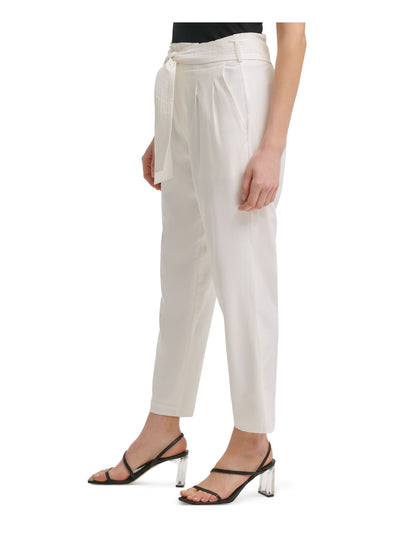 CALVIN KLEIN Womens White Stretch Pocketed Zippered Belted Pleated Ankle Wear To Work Straight leg Pants XS