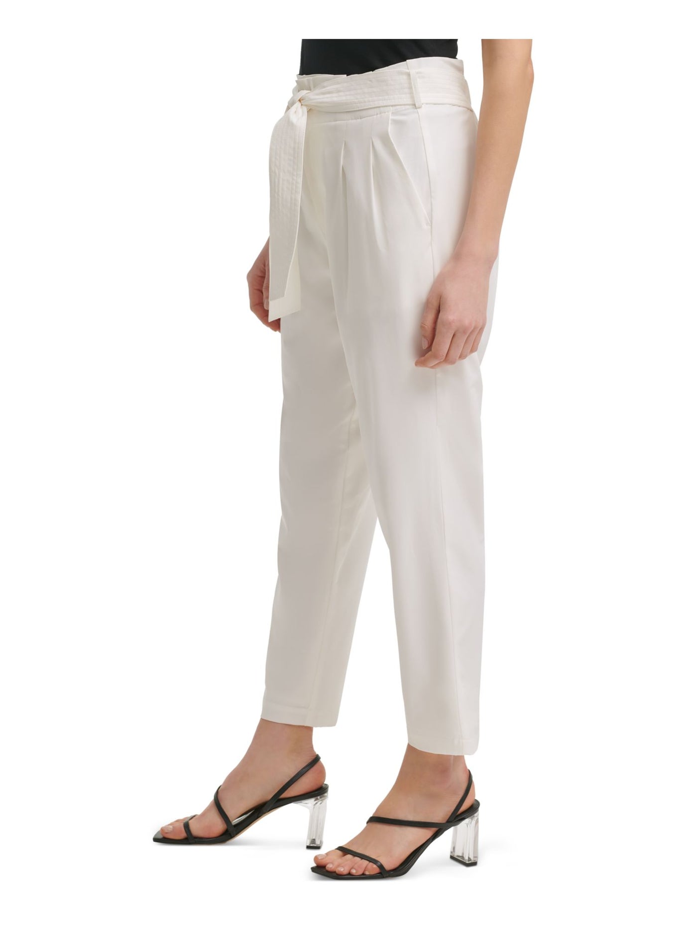 CALVIN KLEIN Womens White Stretch Pocketed Zippered Belted Pleated Ankle Wear To Work Straight leg Pants L