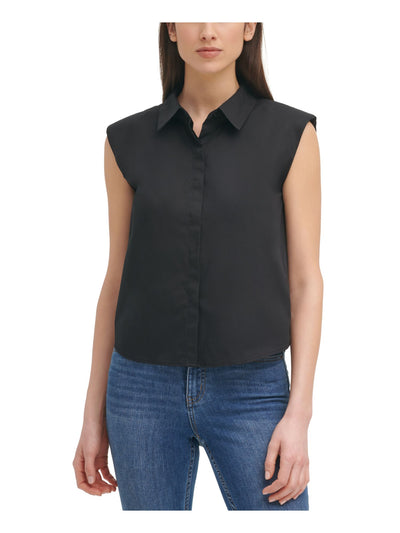 CALVIN KLEIN Womens Black Stretch Sleeveless Point Collar Button Up Top S