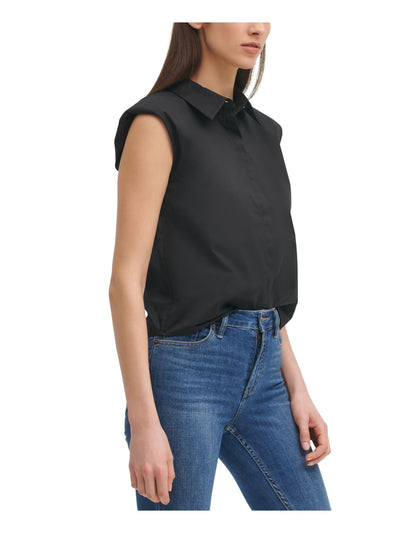 CALVIN KLEIN Womens Black Stretch Sleeveless Point Collar Button Up Top M