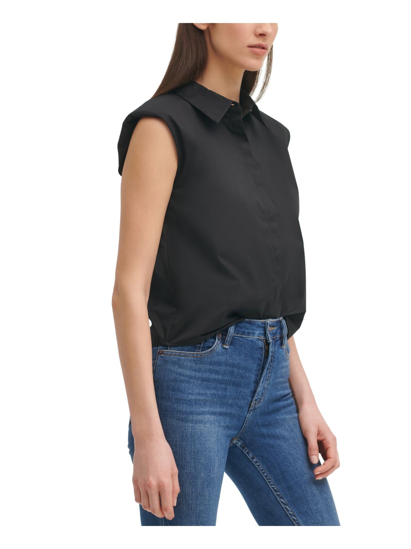 CALVIN KLEIN Womens Black Stretch Sleeveless Point Collar Button Up Top L