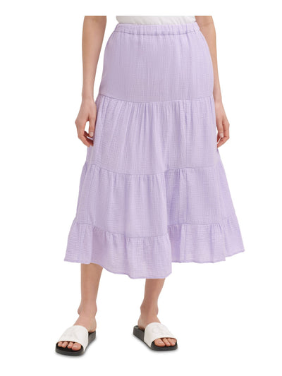 CALVIN KLEIN Womens Purple Cotton Midi Wear To Work Ruffled Skirt L