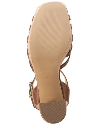 SUN STONE Womens Beige 1" Platform Padded Strappy Ankle Strap Zarrah Square Toe Block Heel Buckle Sandals Shoes M