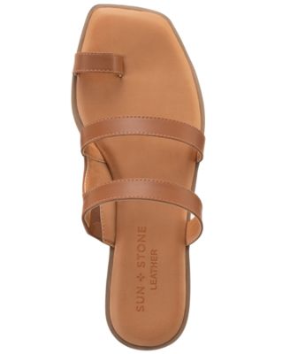 SUN STONE Womens Brown Toe Loop Padded Strappy Sandy Square Toe Slip On Leather Thong Sandals Shoes M
