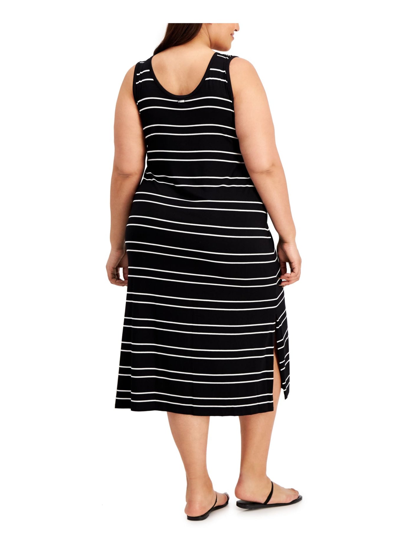 CALVIN KLEIN Womens Black Pocketed Slitted Pullover Unlined Logo Plate Striped Sleeveless Scoop Neck Midi Shift Dress Plus 0X