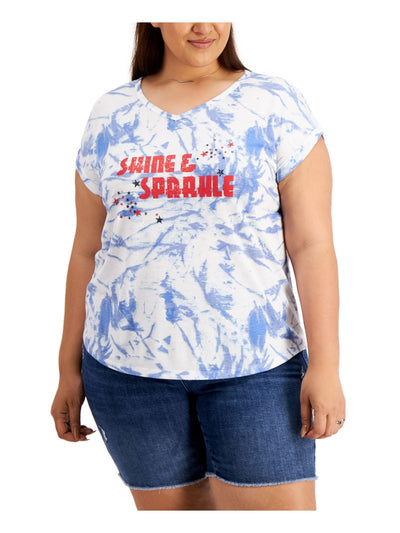 STYLE & COMPANY Womens Blue Graphic Short Sleeve V Neck T-Shirt Plus 3X