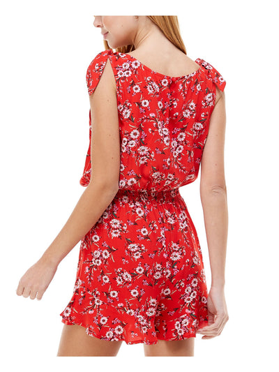 KINGSTON GREY Womens Red Ruffled Tie Shoulder Floral Sleeveless V Neck Romper Juniors M