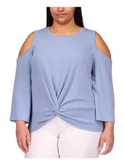 MICHAEL KORS Womens Light Blue Cold Shoulder Twist Front Long Sleeve Scoop Neck Top Plus 4X