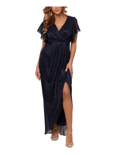 BETSY & ADAM Womens Navy Pleated Zippered High Slit Tulip-skirt Lined Flutter Sleeve V Neck Full-Length Formal Faux Wrap Dress 4