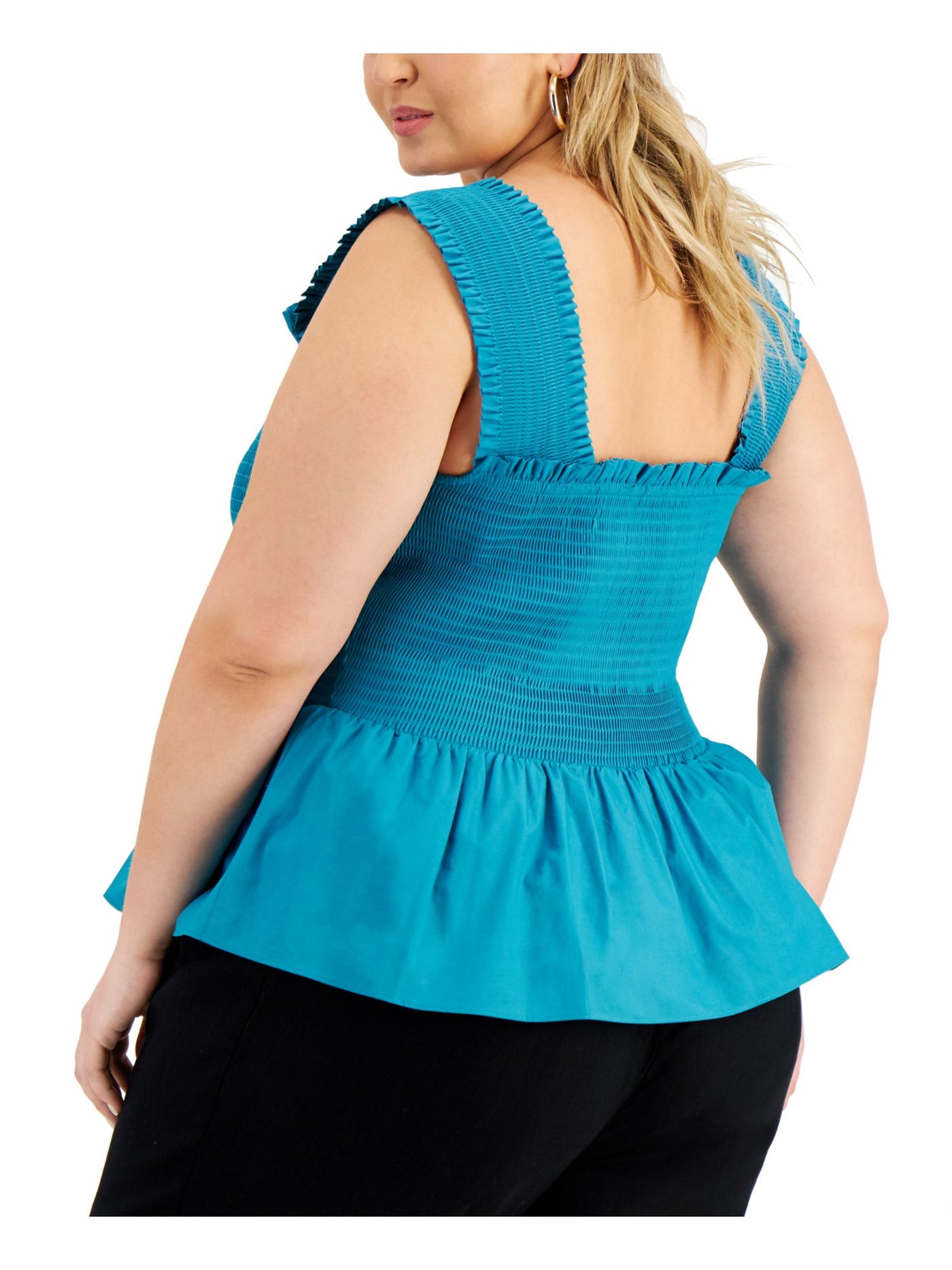 INC Womens Teal Smocked Sleeveless Square Neck Peplum Top Plus 4X