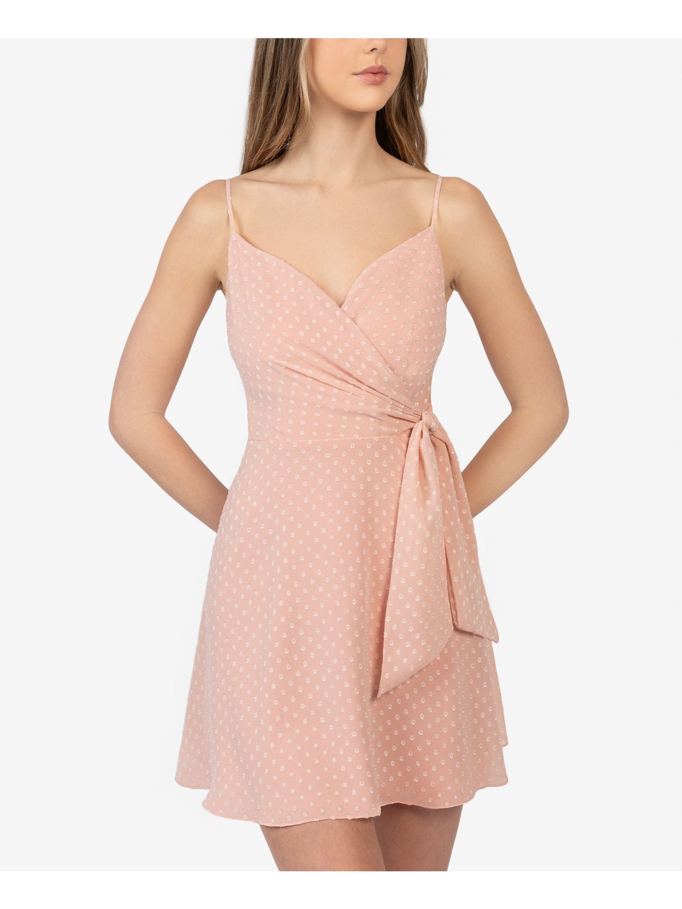 B DARLIN Womens Pink Polka Dot Spaghetti Strap Surplice Neckline Mini Evening Fit + Flare Dress Juniors 15\16