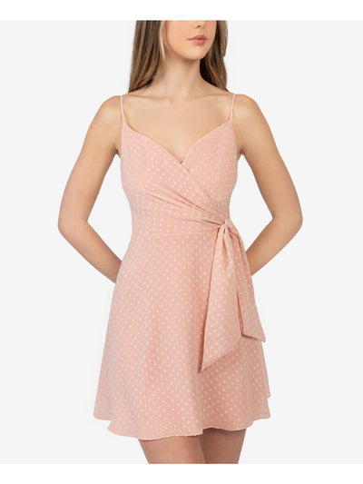 B DARLIN Womens Pink Polka Dot Spaghetti Strap Surplice Neckline Mini Evening Fit + Flare Dress Juniors 0