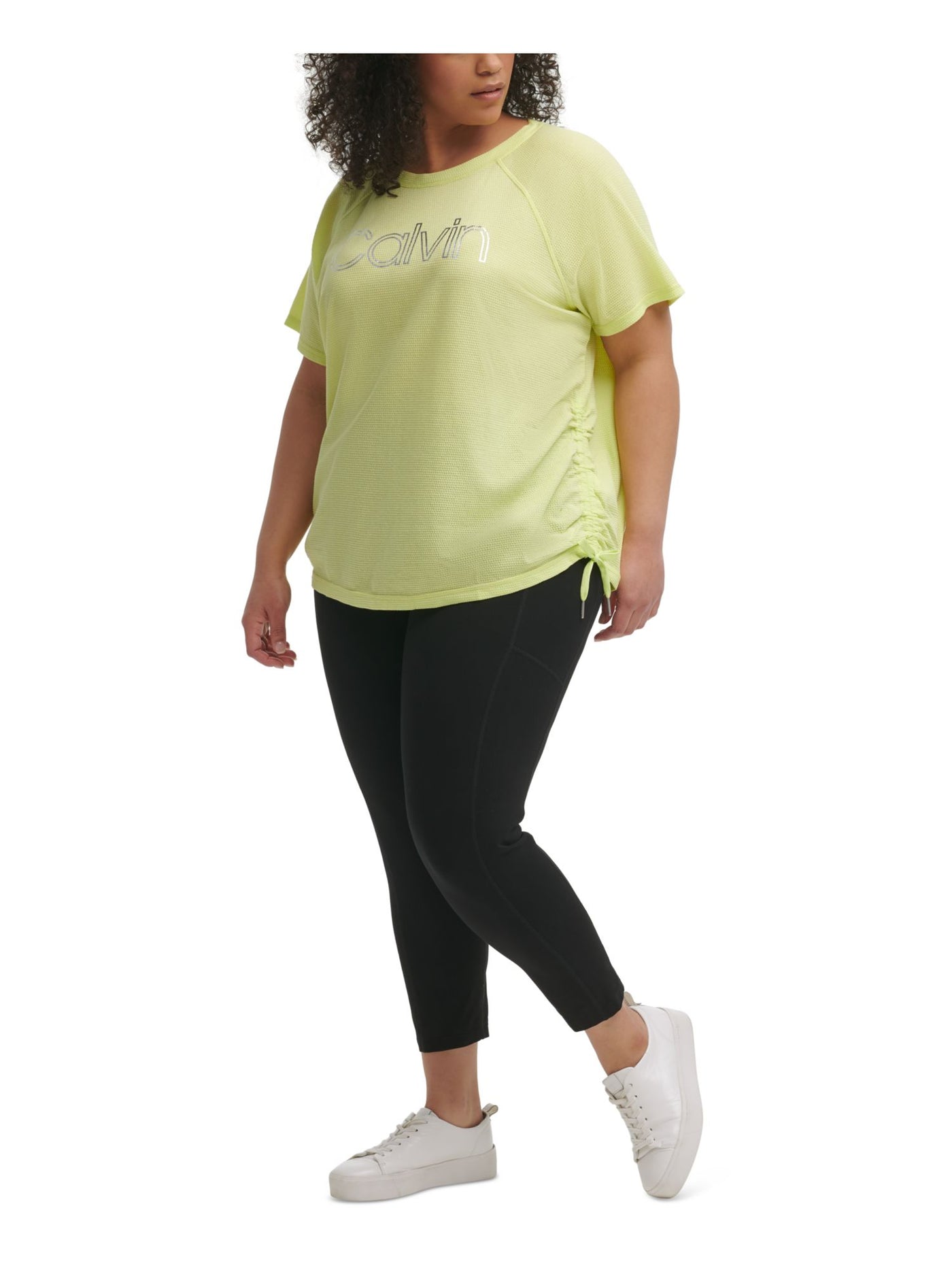 CALVIN KLEIN PERFORMANCE Womens Green Cotton Blend Textured Logo Graphic Short Sleeve Crew Neck Top Plus 1X