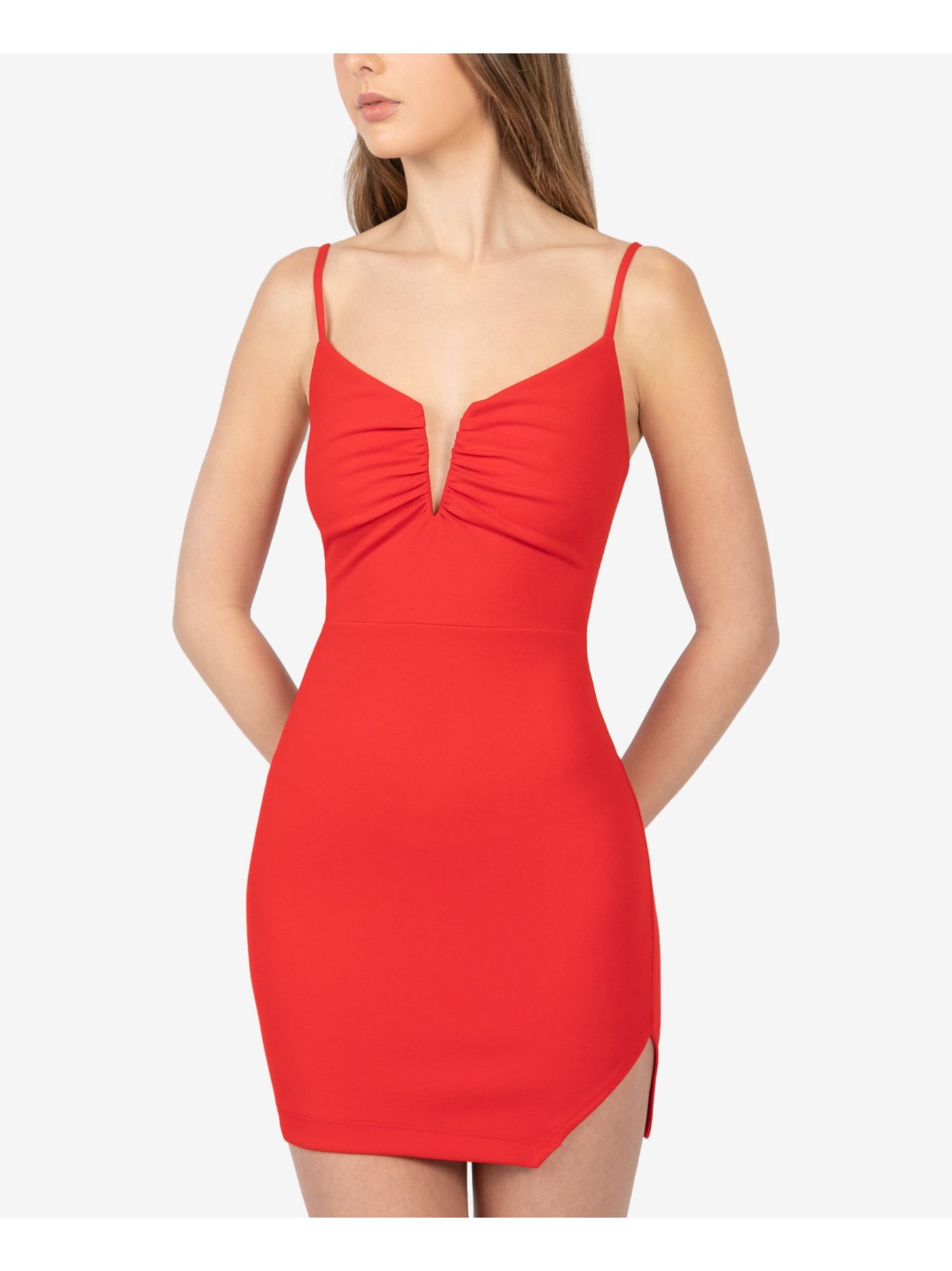B DARLIN Womens Red Stretch Ruched Zippered Slit Adjustable Straps Spaghetti Strap Split Mini Party Body Con Dress Juniors 3\4