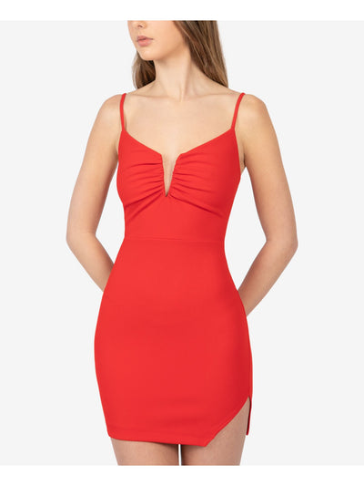 B DARLIN Womens Red Stretch Ruched Zippered Slit Adjustable Straps Spaghetti Strap Split Mini Party Body Con Dress Juniors 1\2