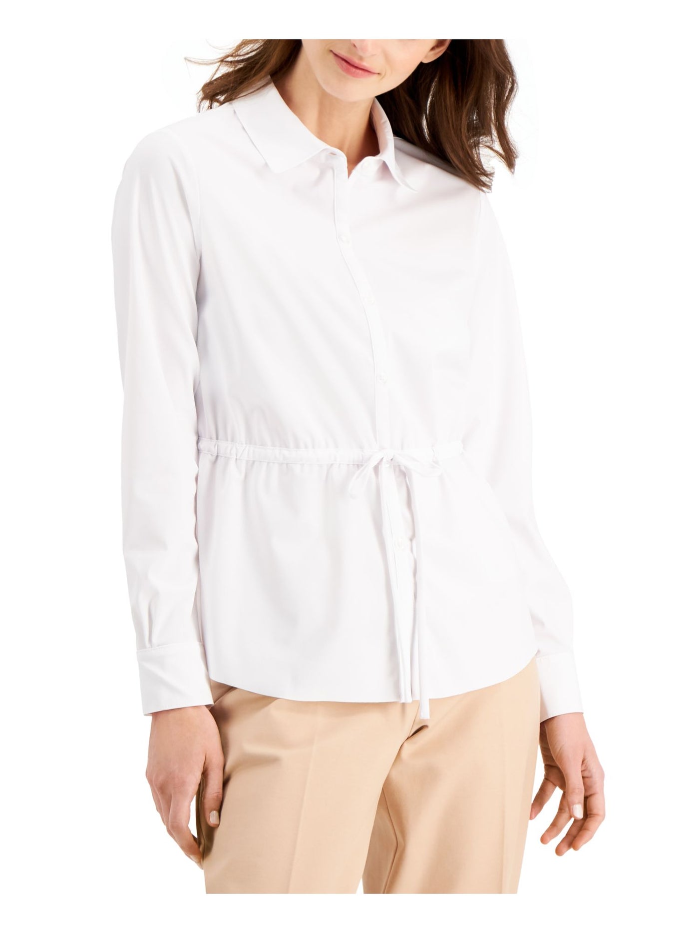 ALFANI Womens White Tie Cuffed Collared Wear To Work Button Up Top M