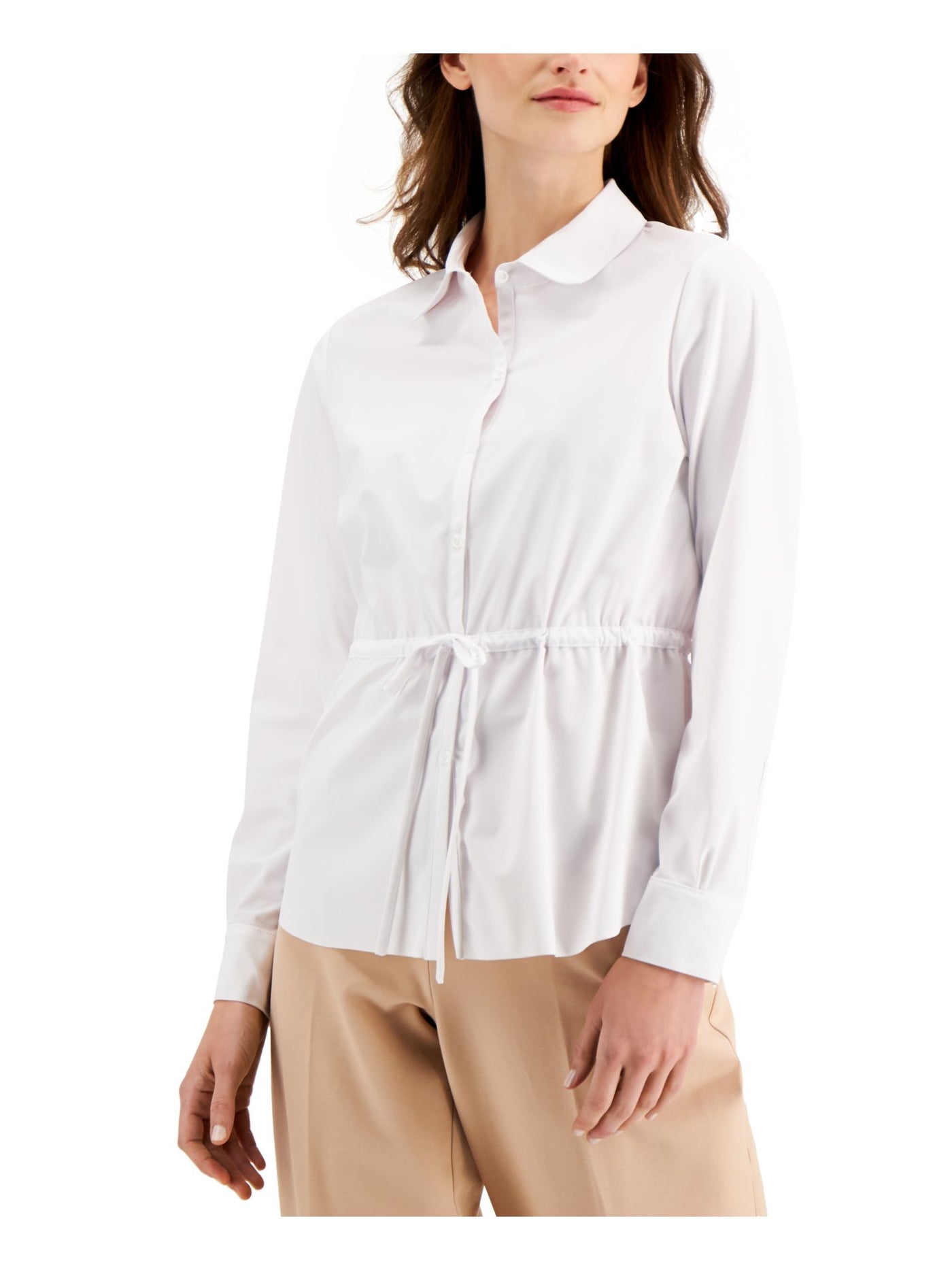 ALFANI Womens White Tie Cuffed Collared Wear To Work Button Up Top M