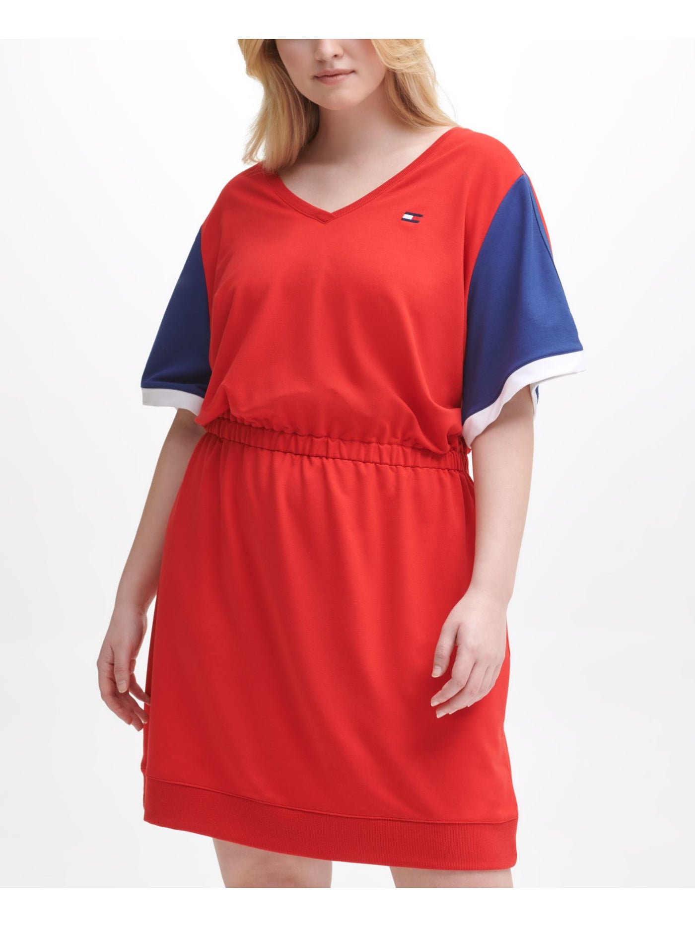 TOMMY HILFIGER SPORT Womens Red Ribbed Elastic Waist Color Block Elbow Sleeve V Neck Above The Knee Shirt Dress Plus 3X