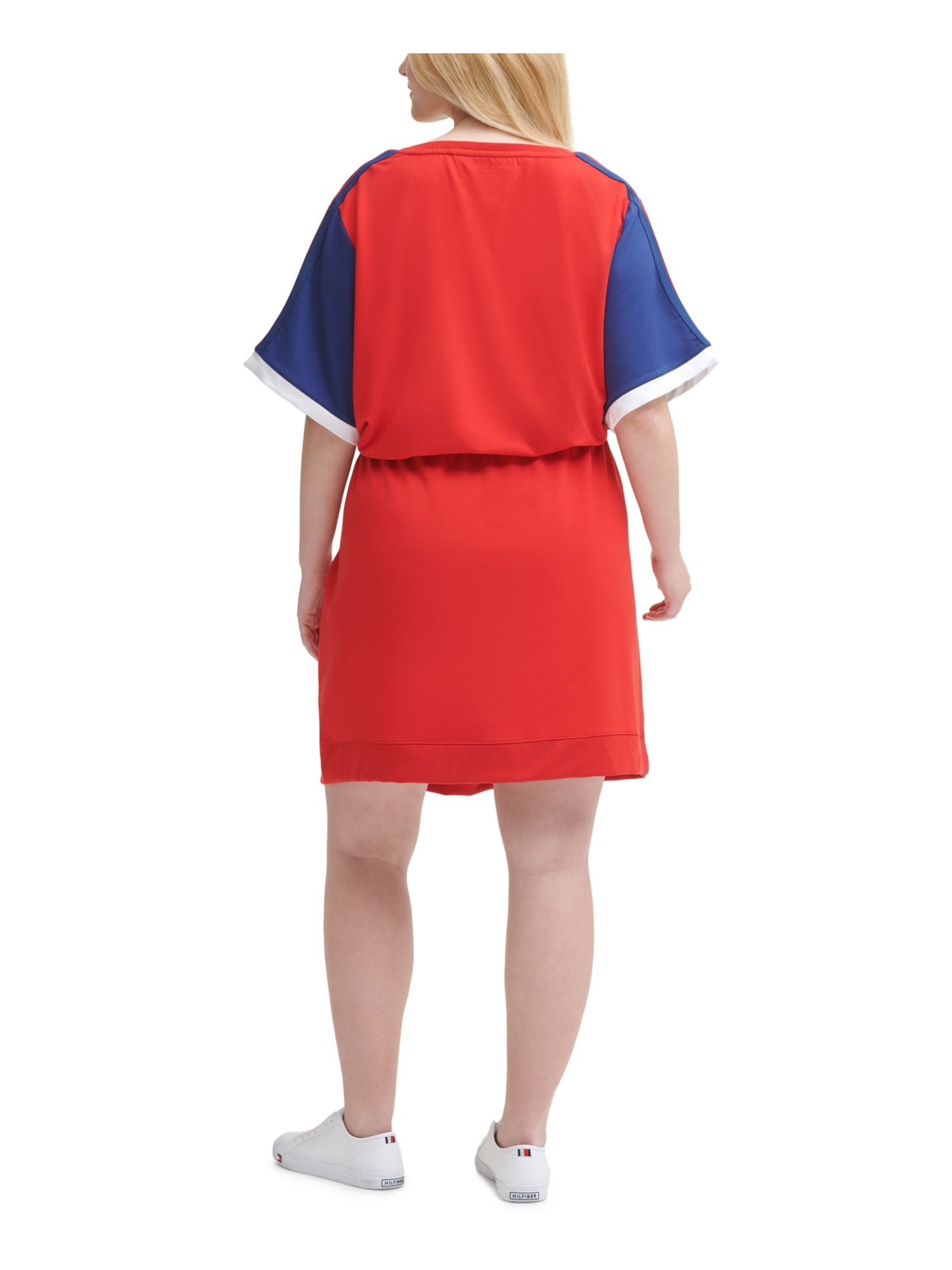TOMMY HILFIGER SPORT Womens Stretch Ribbed Elastic Waist Elbow Sleeve V Neck Above The Knee Shirt Dress