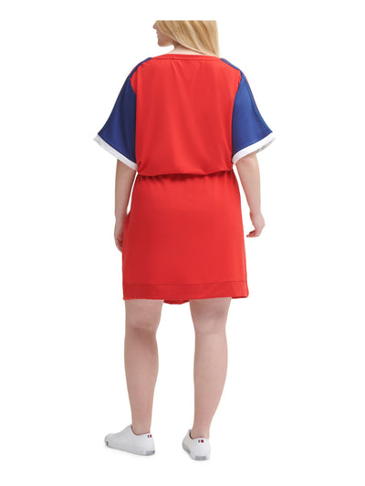 TOMMY HILFIGER SPORT Womens Red Ribbed Elastic Waist Color Block Elbow Sleeve V Neck Above The Knee Shirt Dress Plus 3X