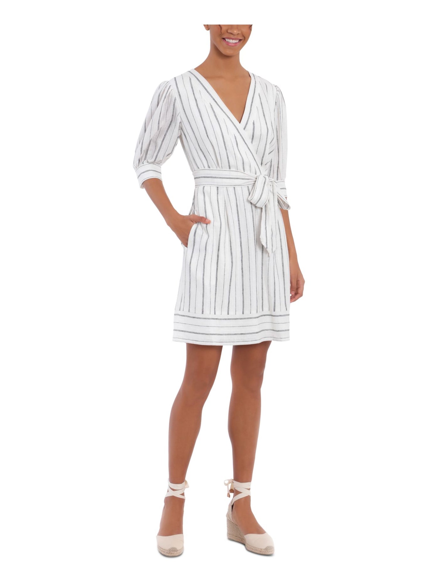 LONDON TIMES Womens Ivory Pocketed Tie Lined Striped Blouson Sleeve Surplice Neckline Above The Knee Wear To Work Fit + Flare Dress Petites 14P