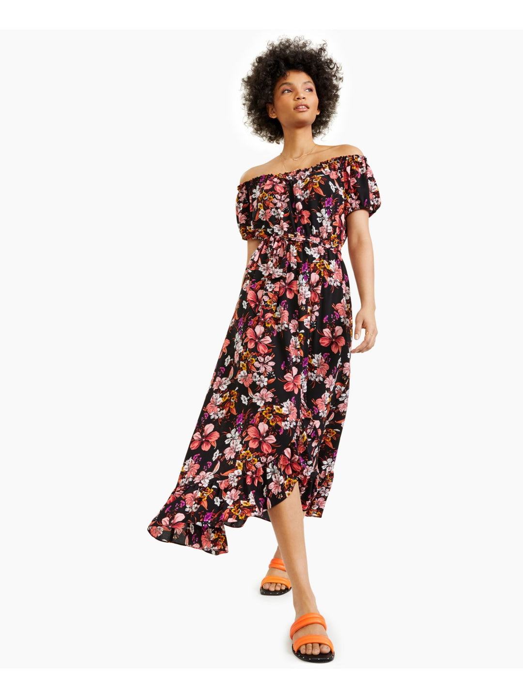 BAR III DRESSES Womens Stretch Belted Floral Short Sleeve Off Shoulder Midi Party Fit + Flare Dress BAR III DRESSES Womens Stretch Belted Floral Short Sleeve Off Shoulder Midi Party Fit + Flare Dress