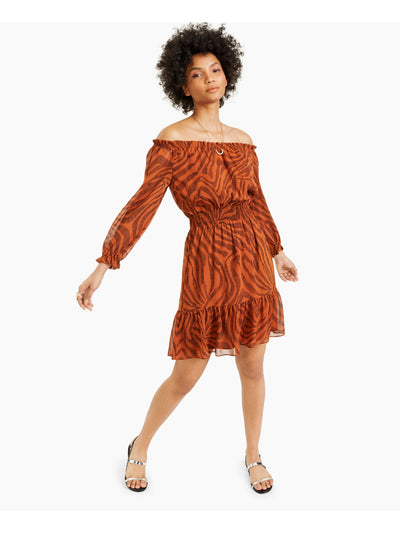 BAR III Womens Brown Smocked Ruffled Chiffon Flounce-hem Printed Blouson Sleeve Off Shoulder Short Cocktail Fit + Flare Dress XL