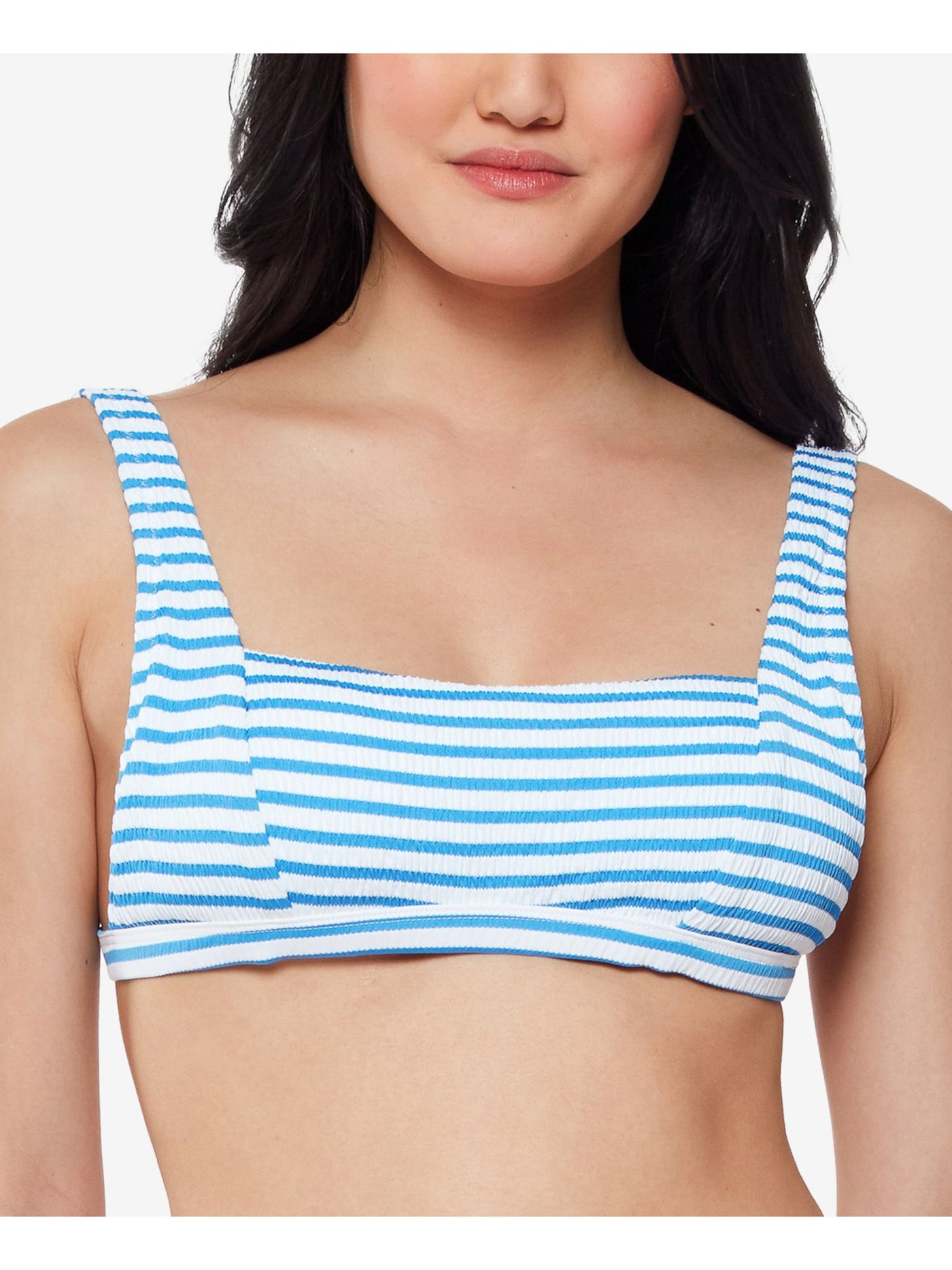 JESSICA SIMPSON Women's Blue Striped Stretch Removable Cups Tie Textured Adjustable Square Neck Swimsuit Top S