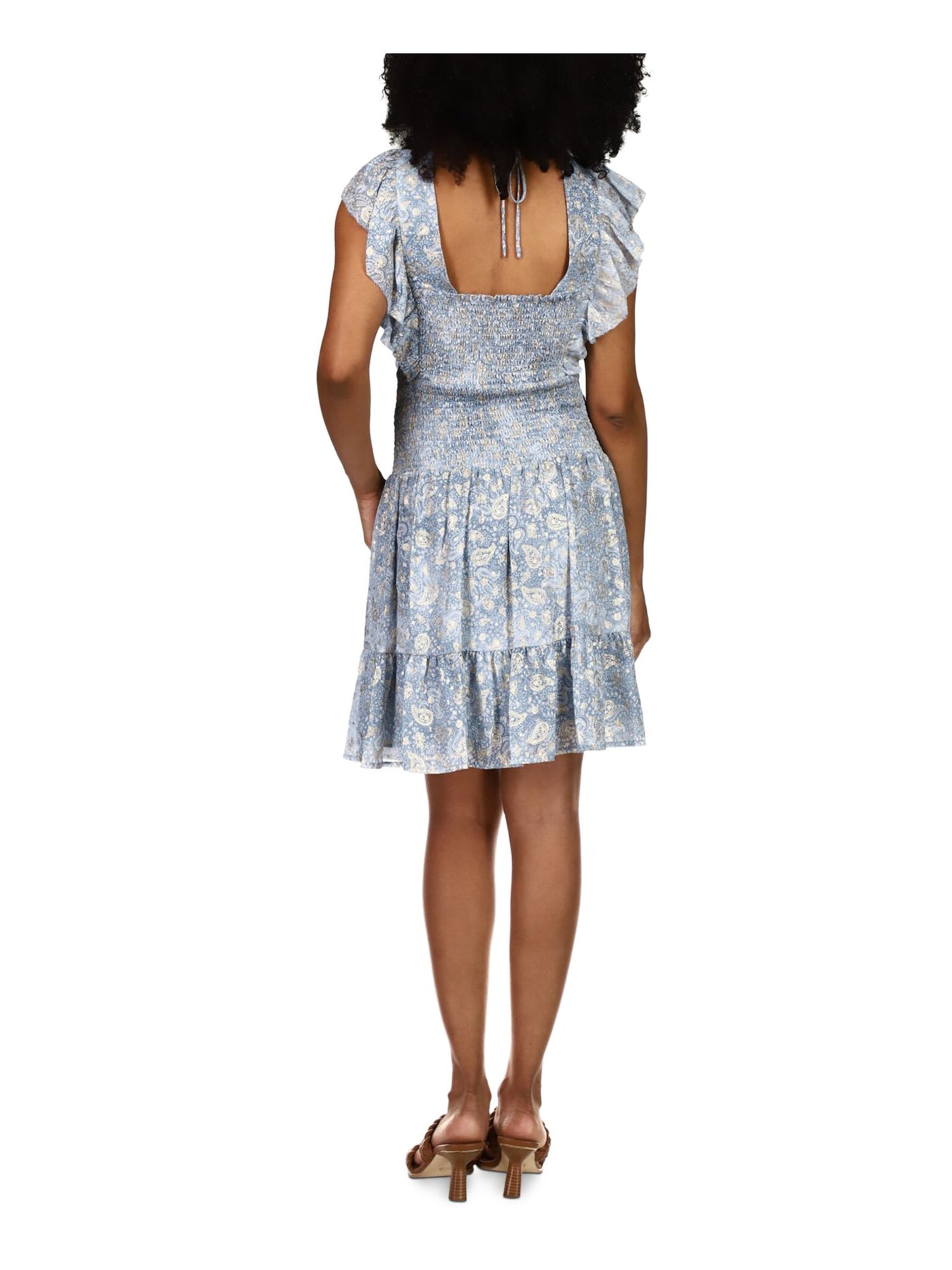 MICHAEL KORS Womens Light Blue Smocked Ruffled Tie Square Open Back Lined Printed Flutter Sleeve Round Neck Short Party Fit + Flare Dress Petites S