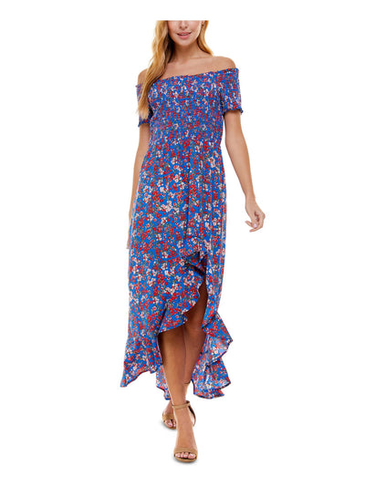 CRYSTAL DOLLS Womens Blue Stretch Smocked Ruffled Floral Short Sleeve Off Shoulder Maxi Hi-Lo Dress XS