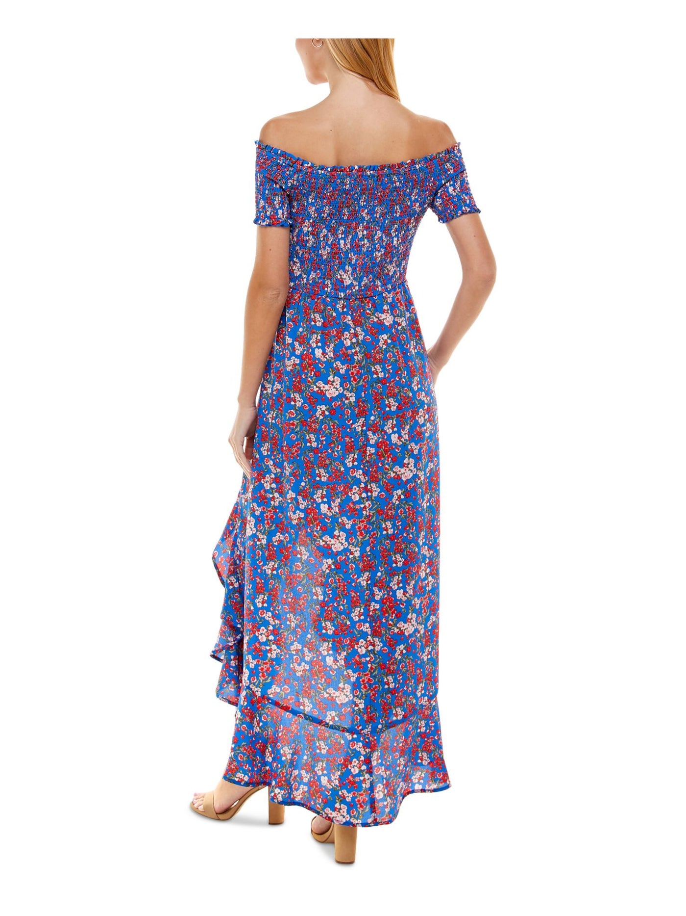 CRYSTAL DOLLS Womens Blue Stretch Smocked Ruffled Floral Short Sleeve Off Shoulder Maxi Hi-Lo Dress XS