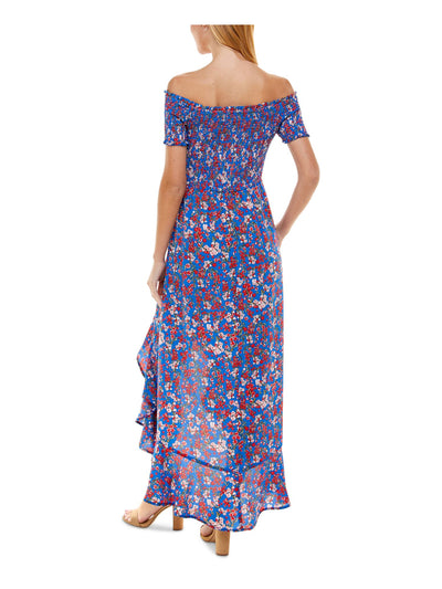 CRYSTAL DOLLS Womens Blue Stretch Smocked Ruffled Floral Short Sleeve Off Shoulder Maxi Hi-Lo Dress XS