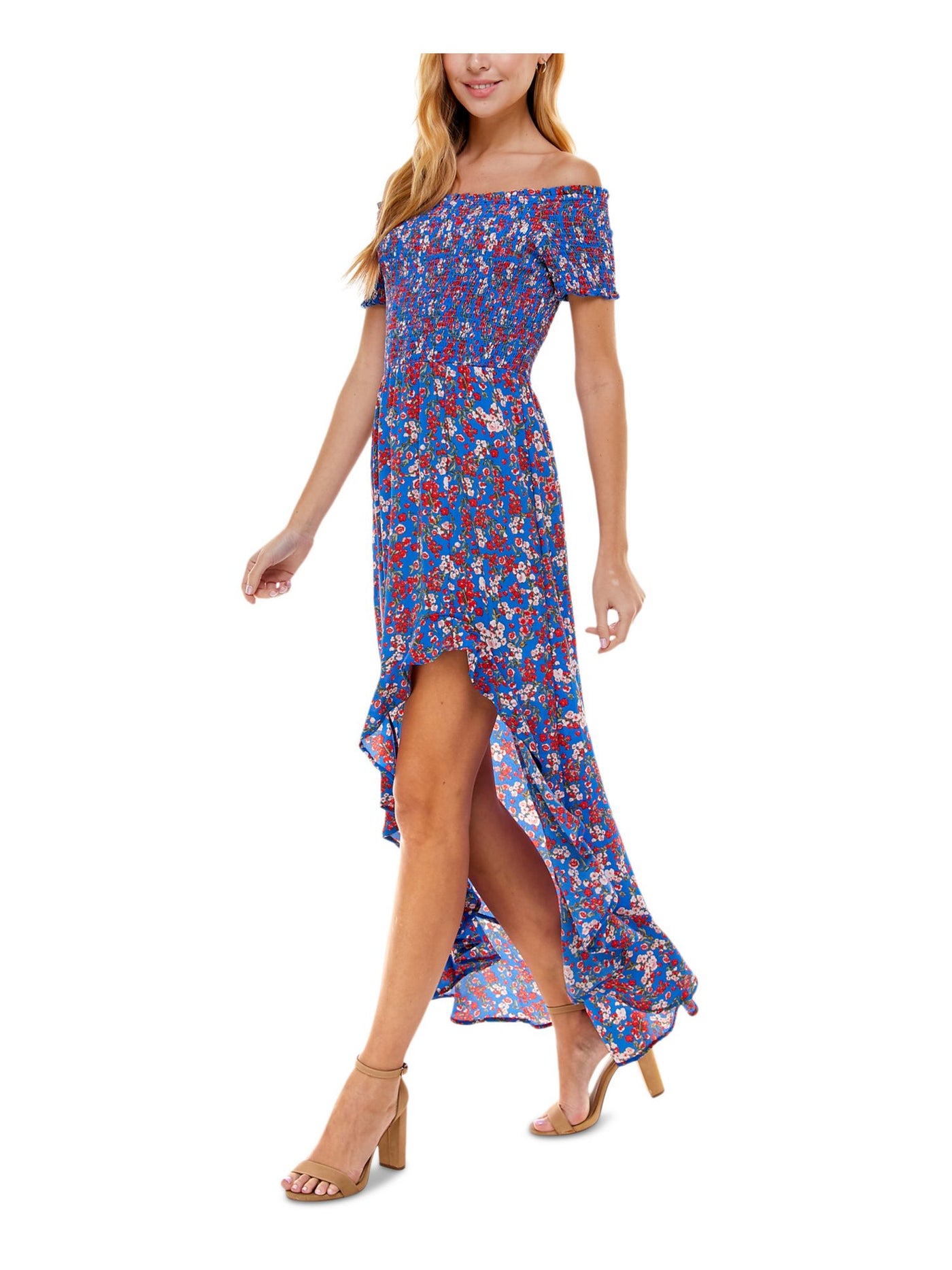 CRYSTAL DOLLS Womens Blue Stretch Smocked Ruffled Floral Short Sleeve Off Shoulder Maxi Hi-Lo Dress XS