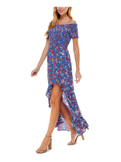 CRYSTAL DOLLS Womens Blue Stretch Smocked Ruffled Floral Short Sleeve Off Shoulder Maxi Hi-Lo Dress XS
