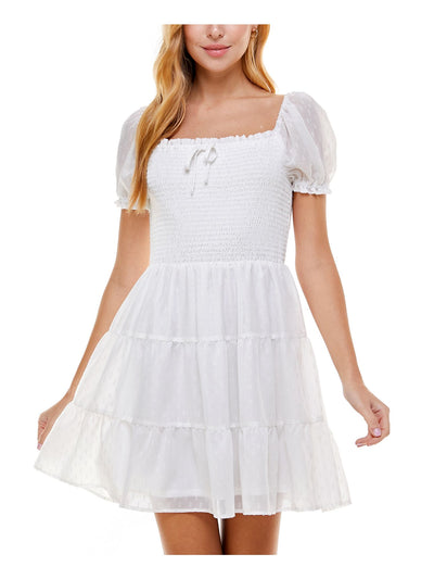 CRYSTAL DOLLS Womens White Smocked Tiered Skirt Lined Short Sleeve Square Neck Short Fit + Flare Dress Juniors M
