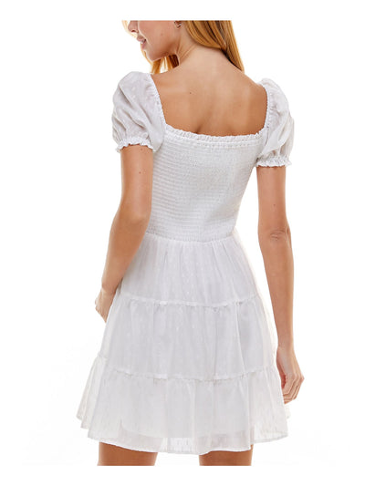 CRYSTAL DOLLS Womens White Smocked Tiered Skirt Lined Short Sleeve Square Neck Short Fit + Flare Dress Juniors M