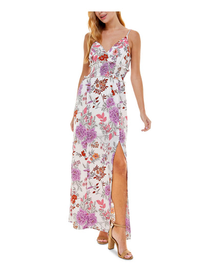 CRYSTAL DOLLS Womens White Stretch Smocked Slitted Floral Spaghetti Strap V Neck Maxi Party Empire Waist Dress XS