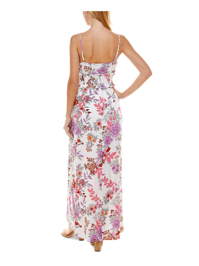 CRYSTAL DOLLS Womens White Stretch Smocked Slitted Floral Spaghetti Strap V Neck Maxi Party Empire Waist Dress XS