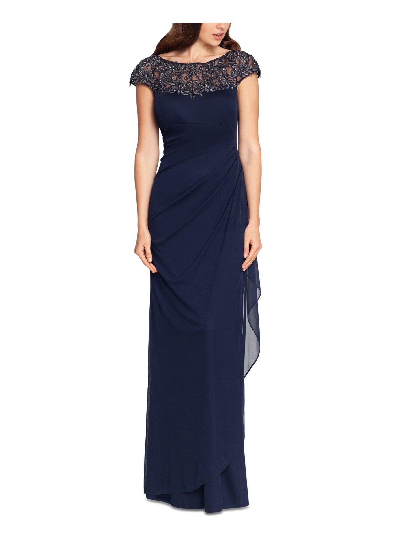 XSCAPE Womens Navy Ruched Zippered Empire Waist Draped Detail Cap Sleeve Jewel Neck Full-Length Formal Gown Dress Petites 10P