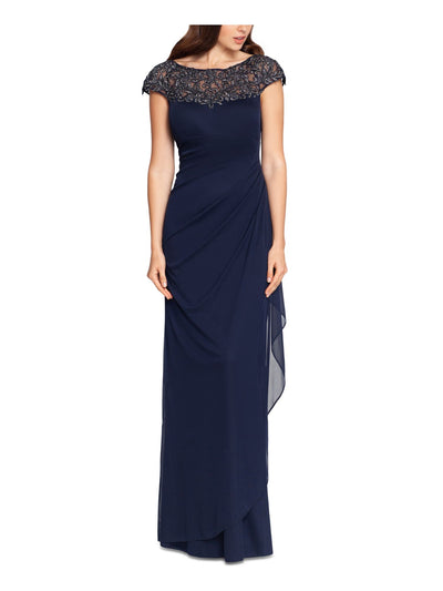 XSCAPE Womens Navy Ruched Zippered Empire Waist Draped Detail Cap Sleeve Jewel Neck Full-Length Formal Gown Dress 10P