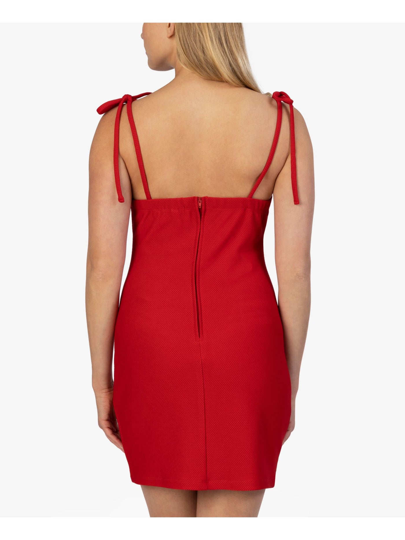 SPEECHLESS Womens Red Stretch Zippered Textured Tie Fitted Spaghetti Strap Surplice Neckline Mini Party Body Con Dress Juniors XS